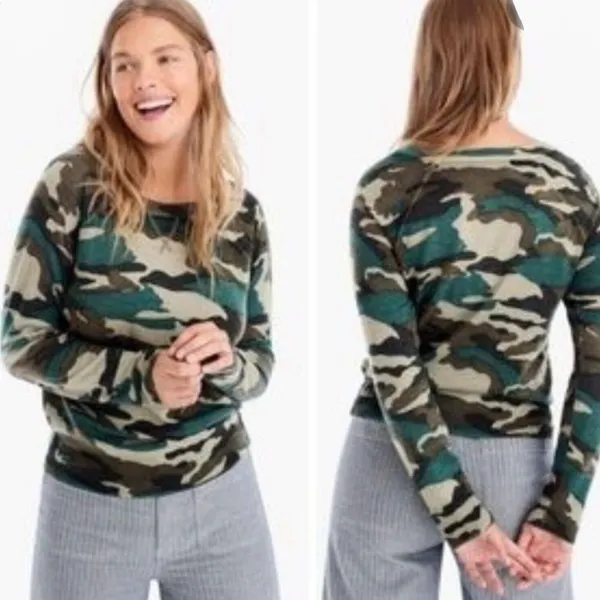 J.Crew S Sweater Merino Wool Camo Crewneck K1279 Green Brown Long Sleeve Raglan - Image 2