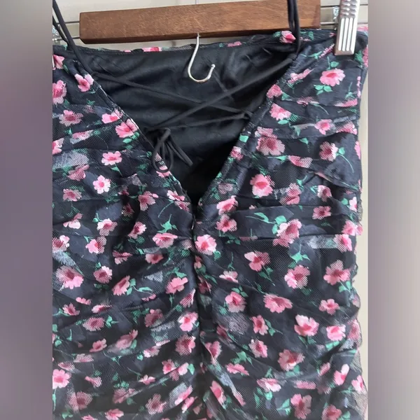 NWT Angel Biba lined black floral ruched body con dress size large - Image 10
