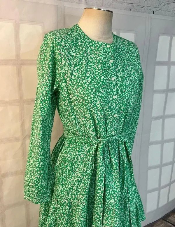 J crew long sleeve tie waist green floral cotton shirtdress size XS - Image 3