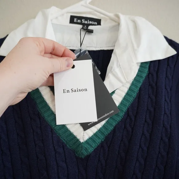 En Saison Navy Cable‎ Knit Sweater Vest Shirt Dress Mixed Media Midi XS NEW - Image 7