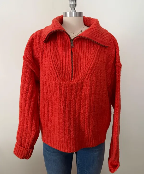 Oversized Red Orange Half Zip Sweater - Image 3