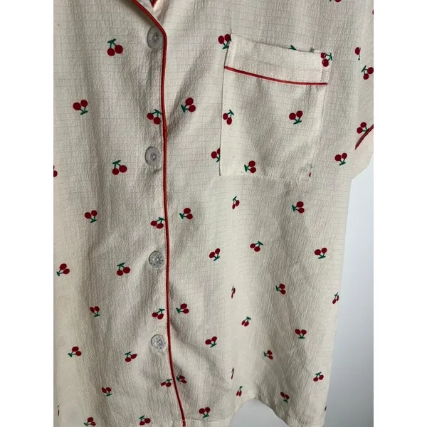 LG Cherry Print Pajama Top Cream Red Piping Short Sleeve Button Down Girly - Image 3