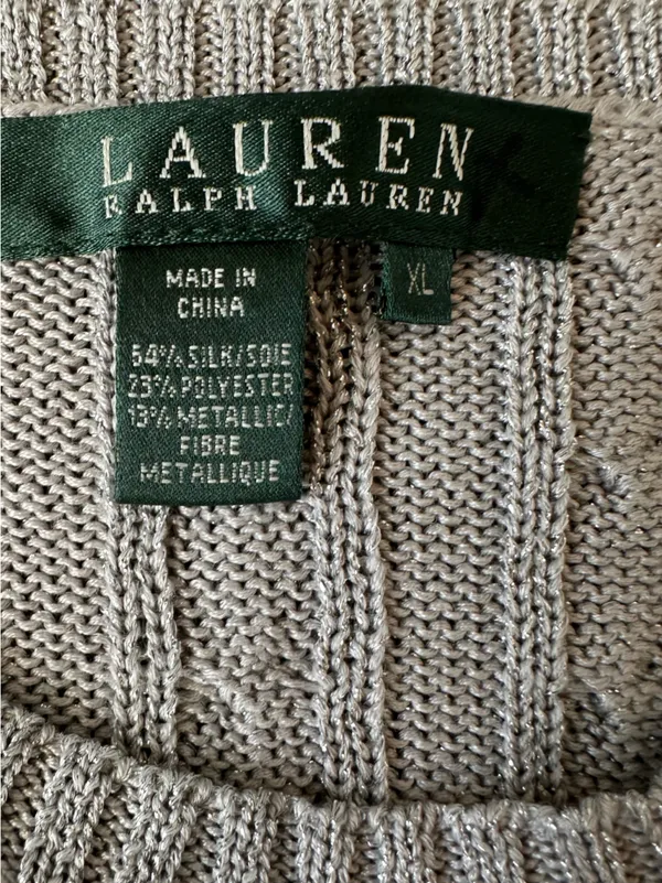 Lauren Ralph Lauren Silver Metallic Cable Knit Sweater Women XL Crew Neck - Image 4