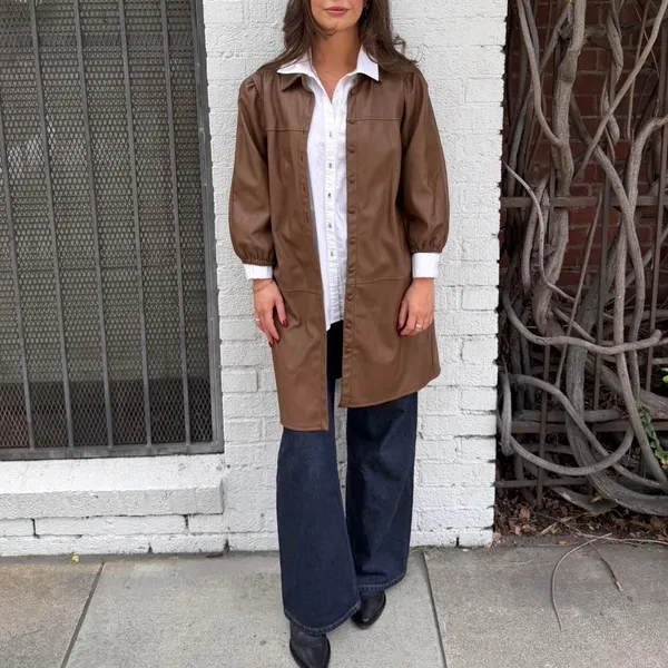 7 For All Mankind brown faux leather balloon sleeve button up front coat M #preppy #oldmoney #professor #minimalist - Image 2