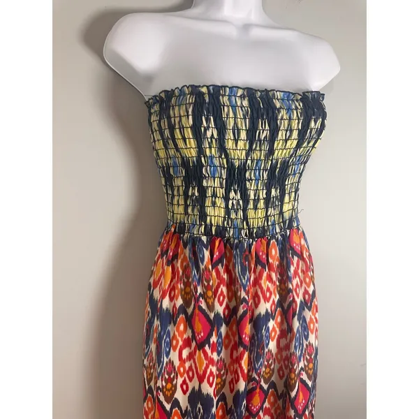 Forever 21 Strapless Smocked Maxi Dress Multicolor Ikat Tribal Print Small‎ Boho - Image 2