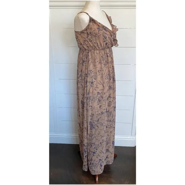 Nordstrom Soprano Brown Tan w/Navy Flowers Sheer Ruffled Flowy Dress XS NWT‎ - Image 2
