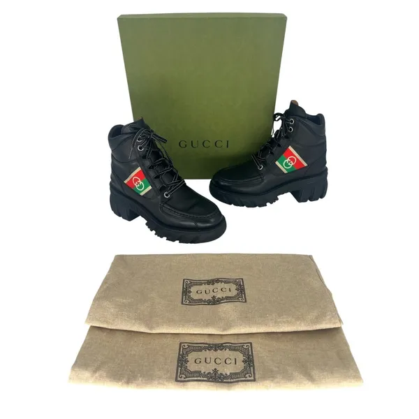 Gucci Romance‎ Web Stripe Lug Sole Leather Lace-Up Ankle Boot Black 38 - Image 3