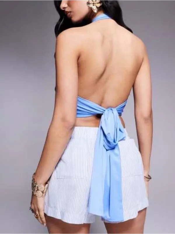 Princess Polly Blue Halter Tie Open Back Crop Top Size US 6‎ - Image 3
