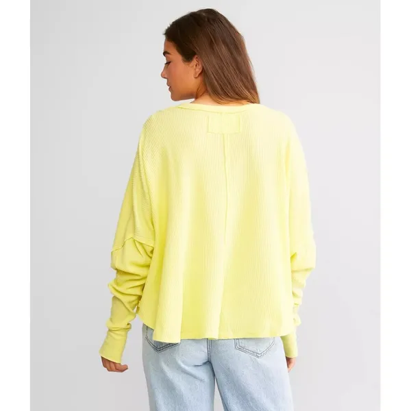 FREE PEOPLE Microphone Drop-Shoulder Cotton Thermal Top in Lemon Grass X-Small - Image 3