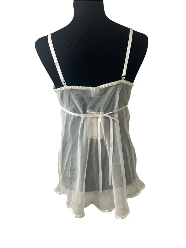 Feminine Coquette Sheer Lace-Trim Babydoll Chemise with Satin Bow - Ivory - Image 2