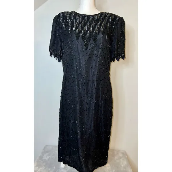 100% Silk Vintage Women’s Black Beaded Open Back MIDI Dress LARGE - Image 3