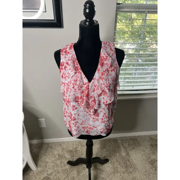 Intermix Red White Floral Silk‎ Ruffle Sleeveless Blouse Top Size Small - Image 8