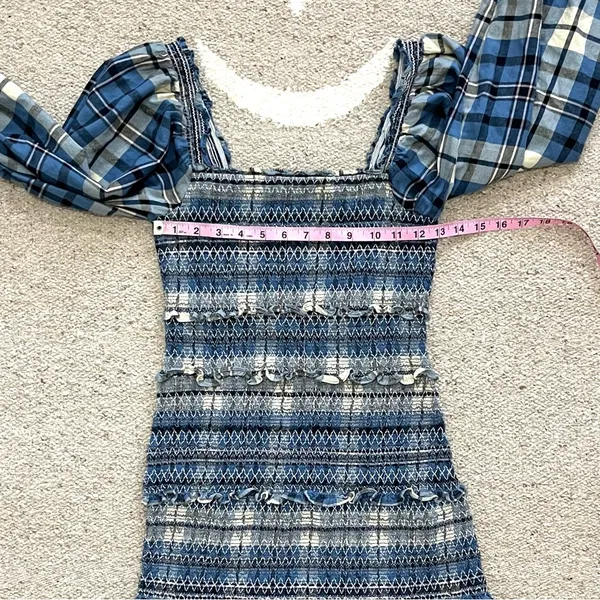LoveShackFancy Stanley Blue Plaid Smocked Mini Dress Medium - Image 8