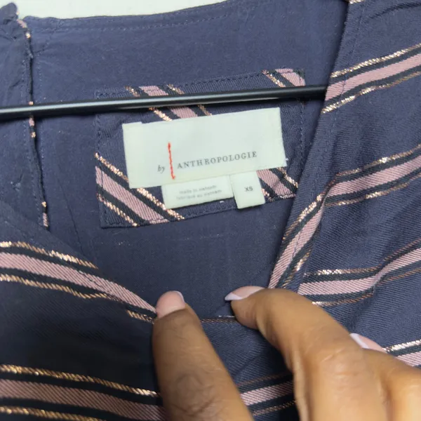 Anthropologie‎ Women Cotton Cameron Tie Sleeve Blouse XS Navy Gold Striped Top - Image 5