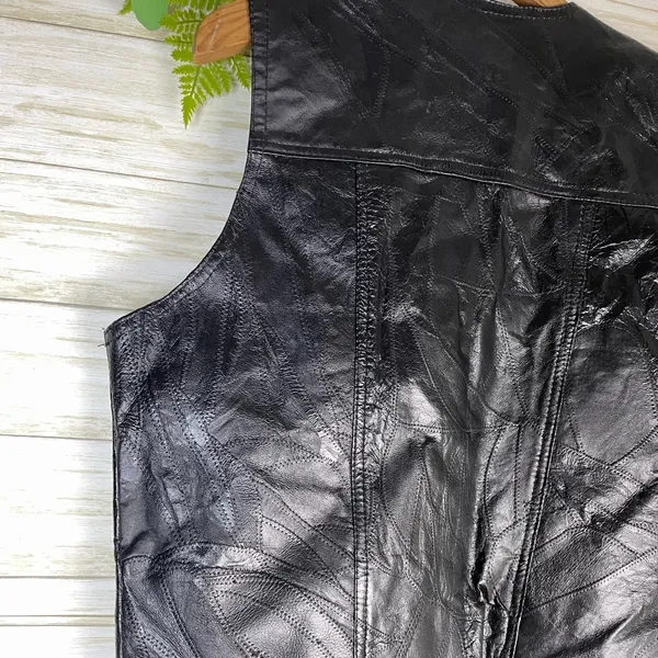 Vintage Black Leather Patchwork Biker Grunge Vest Size M - Image 6