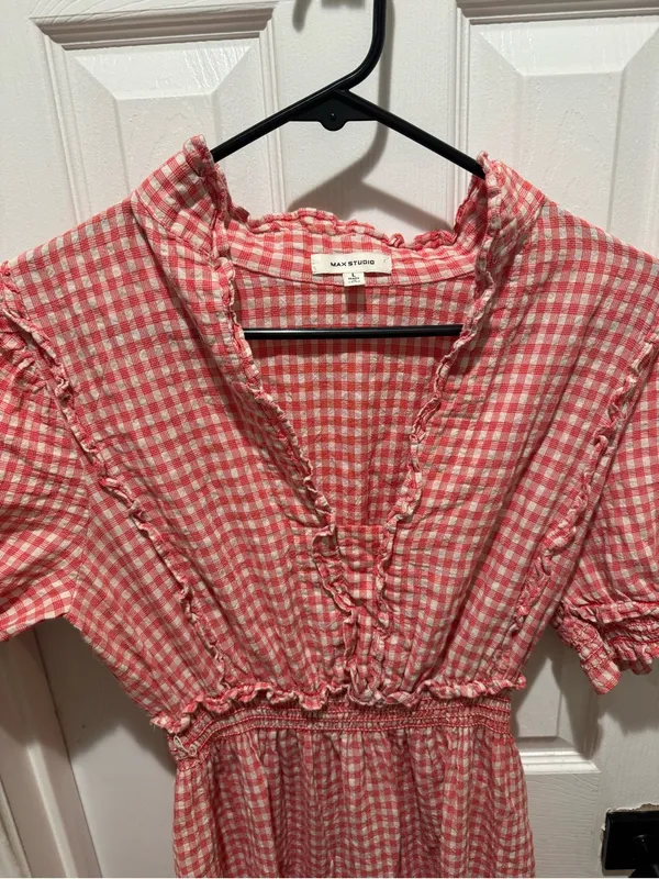Max Studio Smocked Red Gingham Maxi Dress with Ruffle Trim - Image 4