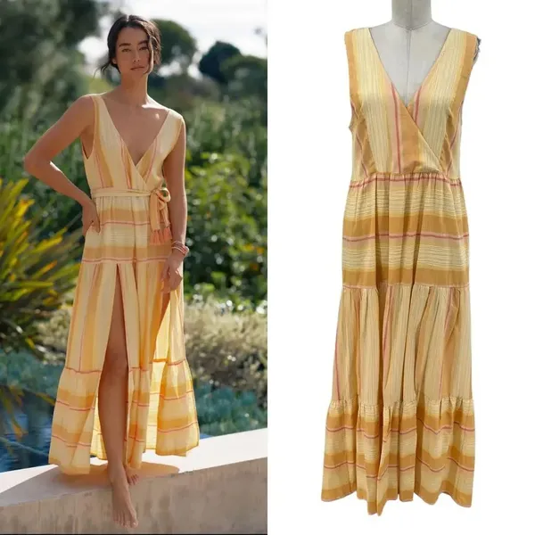 L*Space Clara‎ V-Neck Double Tiered Maxi Dress Yellow Orange Stripe Size Small - Image 2