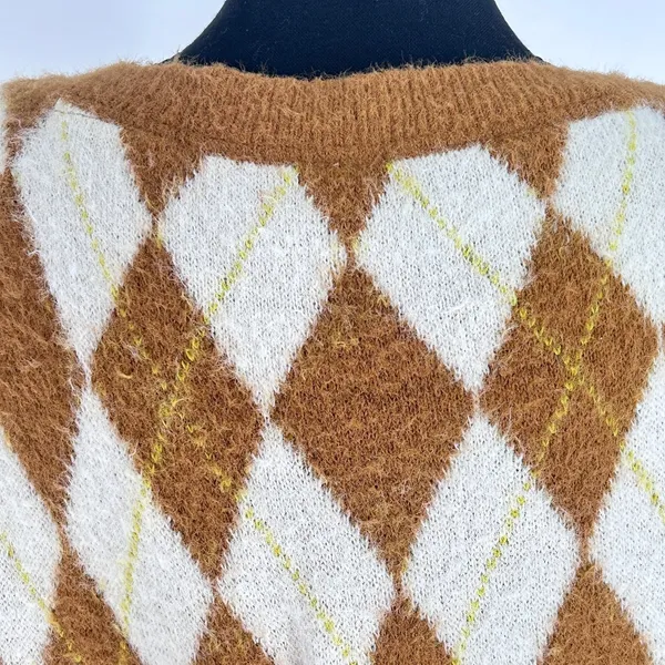 Free People Sweater Vest Women's Through the Motion Argyle Boxy Tan Cream Medium - Image 8