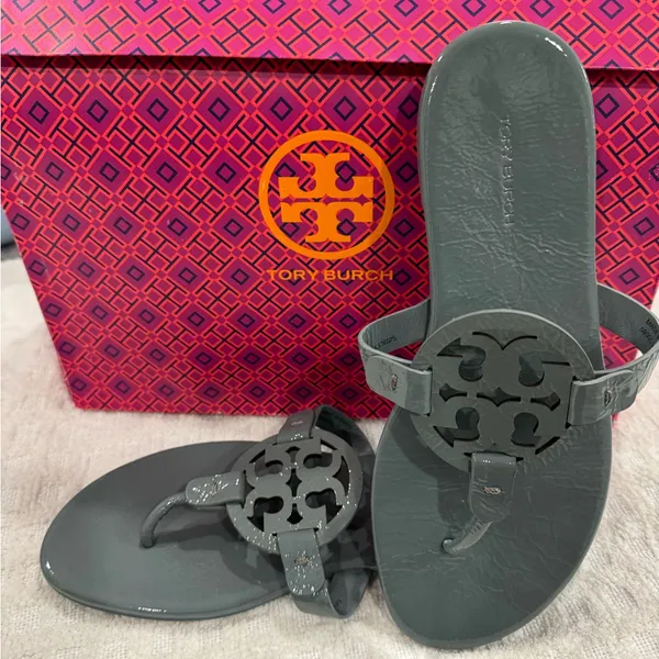 Tory Burch Soft Patent Leather Miller Sandals, Arctic Blue, Sz. 8.5 LIKE-NEW! - Image 2