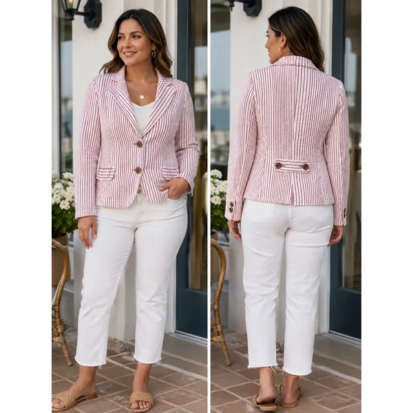 Cabi Captain's Seersucker Striped 2-Button Blazer Womens 10 Red White - Image 2
