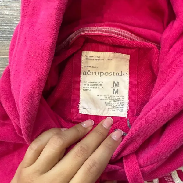 Y2K Pink Aeropostale hoodie with white text reading 'AEROPOSTALE 1987' size M Ptp: 18.5” Inseam: 21.5” Small imperfections as pictured on the front barely noticeable #aeropostale #y2k #hoodie #00s #aero - Image 5