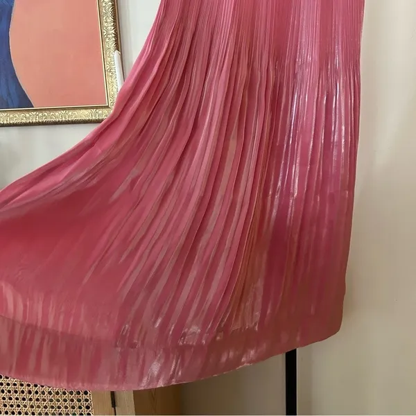 Rhode Farrah‎ Pleated Lamé Midi Skirt Metallic Shimmer Rosh Pink $465 Size 4 - Image 4