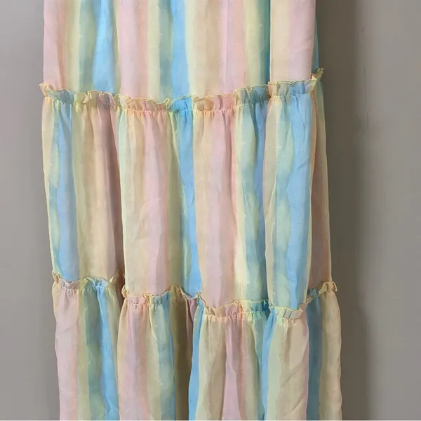 Aakaa NWT pastel rainbow smocked ruffle tiered shoulder tie midi dress Sz Large - Image 8