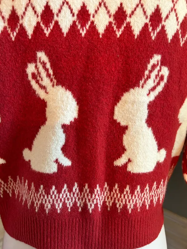 wild fable Red and White Bunny Knit Cropped Cardigan - Image 3