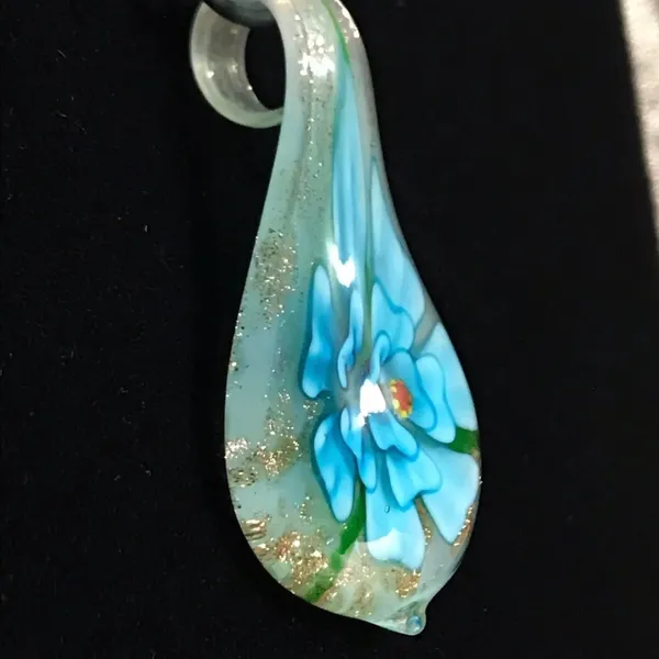 Opaque Gold& Blue Flower Glass Pendant Rubber Cord Necklace With Extend New - Image 2