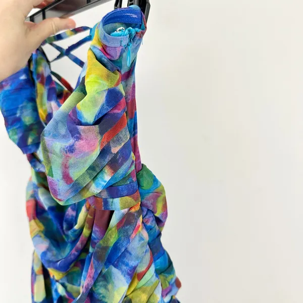 Lulus Jeniah Blue Multi Abstract Print Drop Waist Maxi Dress Formal Medium NWT - Image 12