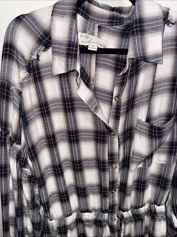 Vintage Havana Plaid‎ Button Down Shirt Dress Navy White Distressed Medium - Image 7