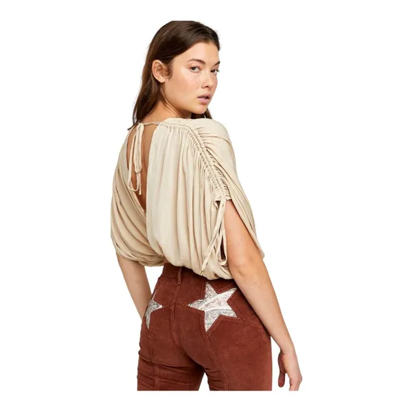 FREE PEOPLE Rachel Silky Top Ivory V-Neck Slinky Jersey Cropped Medium NWOT - Image 5