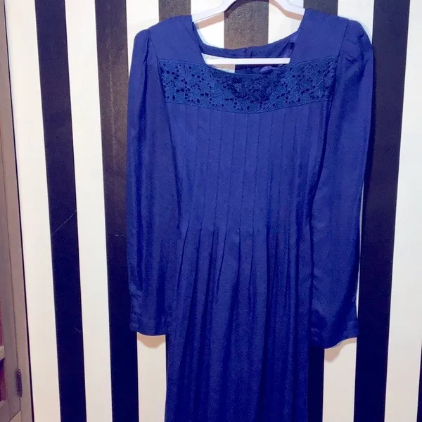 Vintage 80s Royal Blue Prairie Dress Modest Long Sleeve Size 12 Woman’s Large XL - Image 6