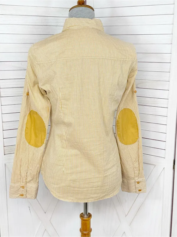 Zara TRF Striped Elbow Patch Western Style Button Up Shirt Yellow Medium - Image 4