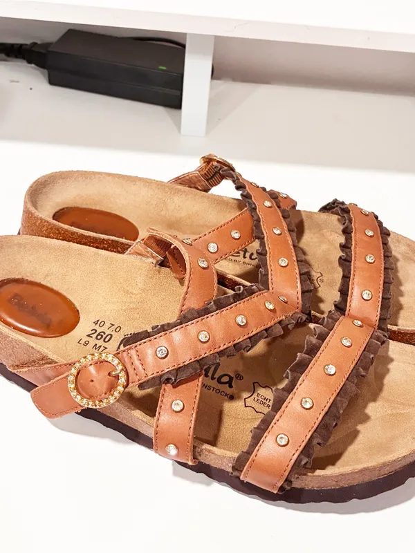 Birkenstock Betula Rhinestone Stud Brown Leather Strappy Sandals Size 9 - Image 3