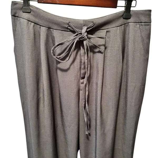 High Waisted Drawstring Zipper Side Pocket Plain Wide Leg Pants Sz L Gray - Image 3