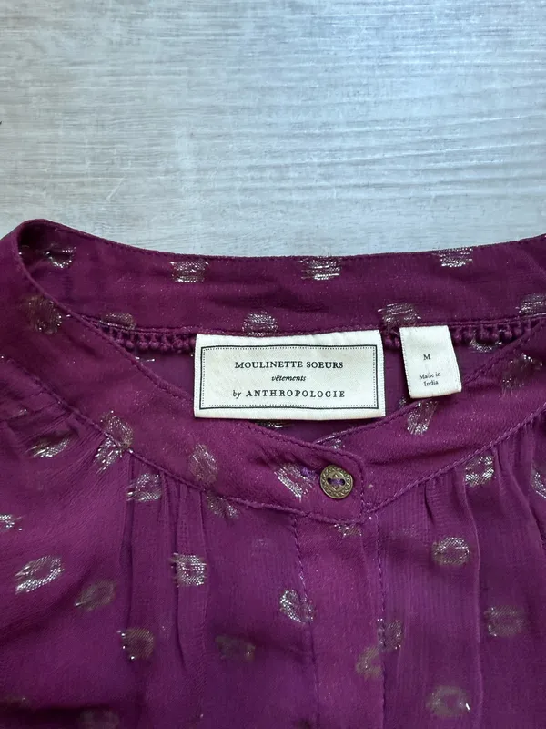 Moulinette Soeurs Anthropologie Allegra Gold Foil Printed Burgundy Blouse Size M - Image 4