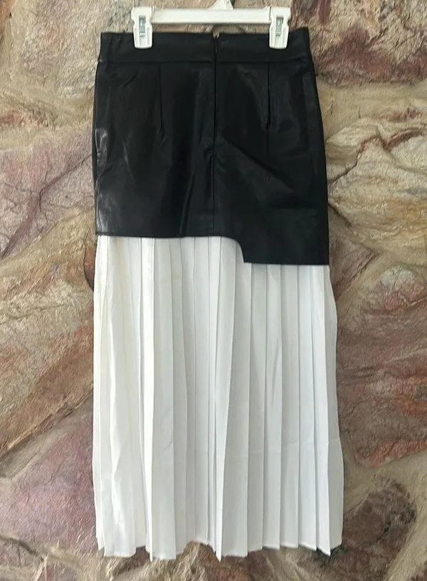 Commense Asymmetric Patchwork Faux Leather Chiffon Pleated Midi Skirt size Xs - Image 4