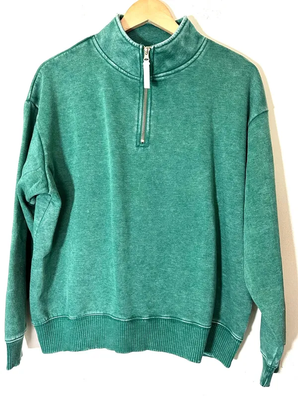 Zenana Vintage-Inspired Acid Wash Fleece Half Zip Sweatshirt Hunter Green Sz Med - Image 3