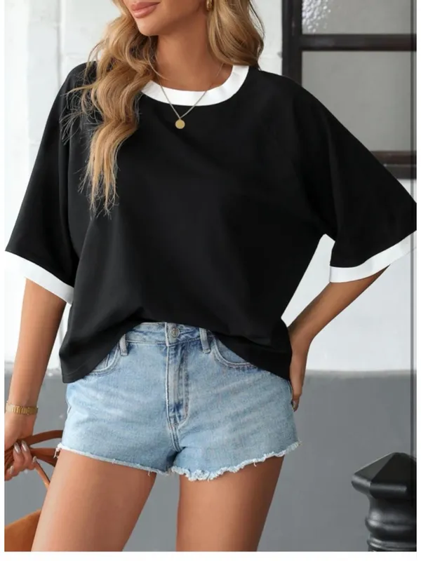 NEW LilyCoco Ringer Tee Casual Oversized Raglan Short Sleeve Shirt L - Image 6