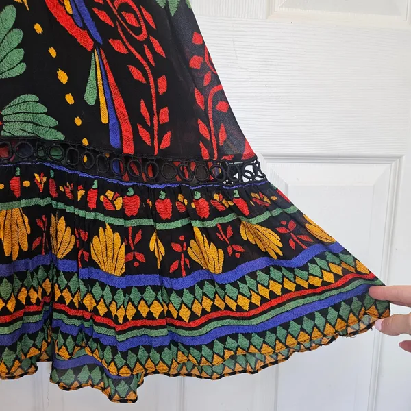 Farm Rio Black Tropical Toucan Floral V-Neck Maxi Dress XS Long Puff Sleeve Boho - Image 8