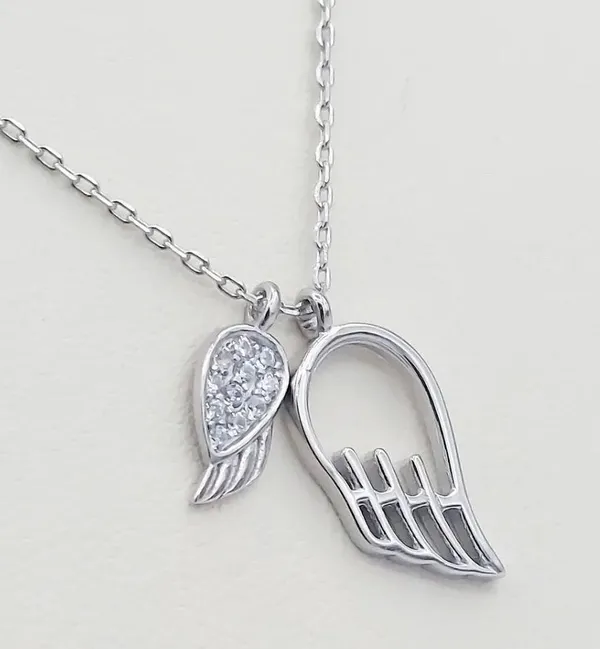 925 Sterling Silver Necklace Angel Wings 2 Pendants - Image 2