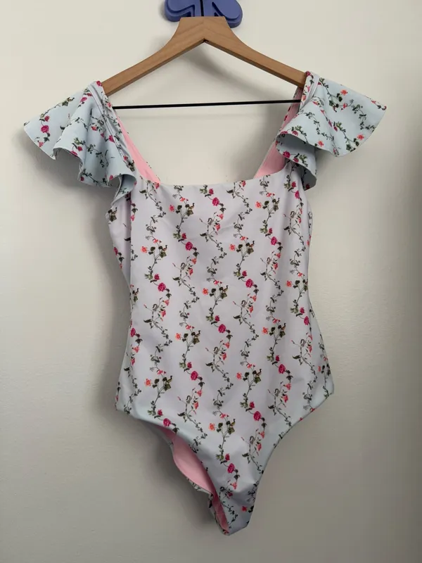 Hill House Home XS Rose One Piece Baby Blue Pink Floral Ruffle Coquette Preppy - Image 2