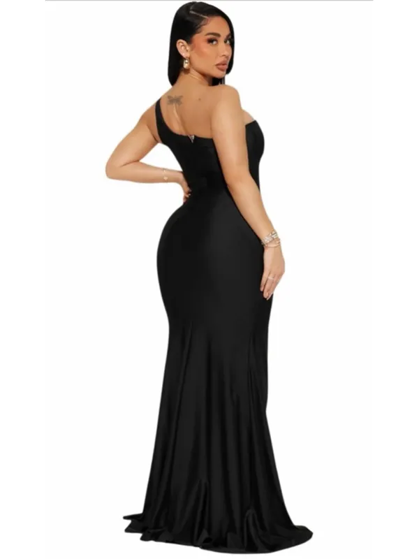 NEW Satin Formal Party Ruffle High Slit Evening Curvy Wrap Long Black Dress S - Image 2