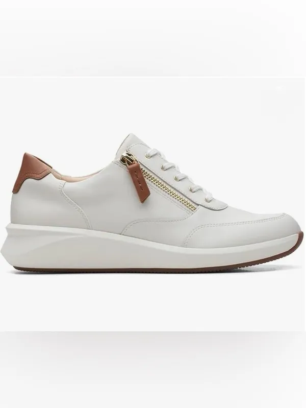 Clarks Women's White Leather Sneakers with Gold Zip and Brown Accents Size 8.5 - Image 2