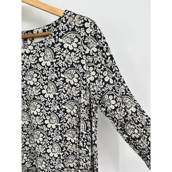 LOFT Blouse Women L Navy Blue White Floral Paisley Long Sleeve Keyhole Back - Image 6