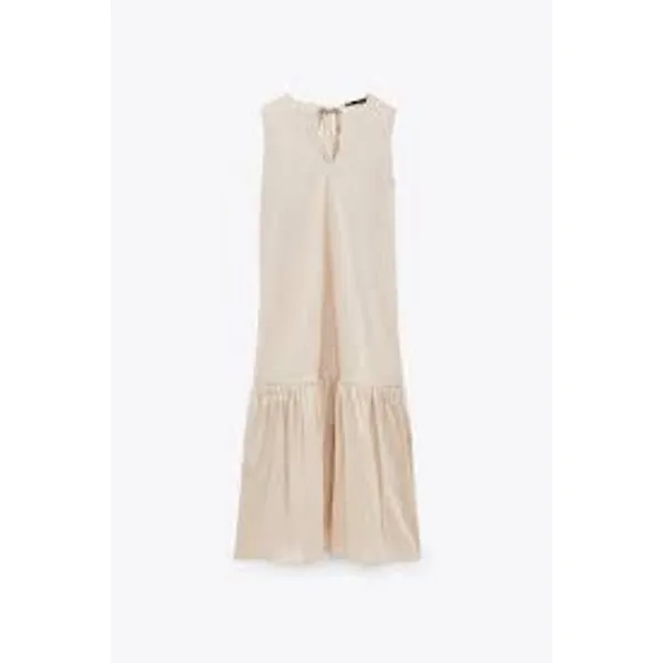 ZARA Ecru Cotton Tiered Tie Back Midi Dress XS Neutral Minimalist A-Line Coastal - Image 3