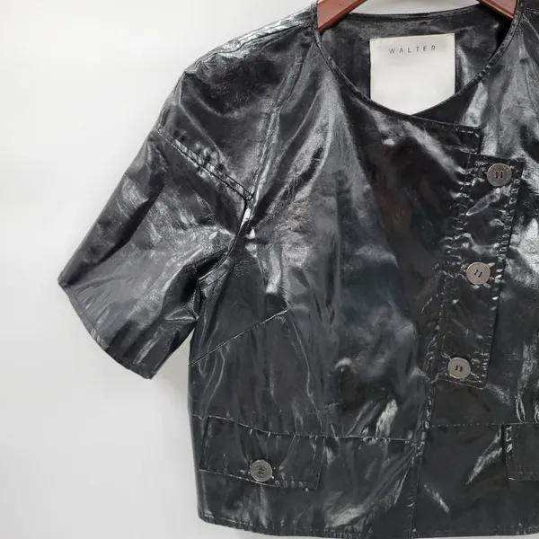 Walter Baker Shirt Womens 8 Black Faux Leather Buttons Asymmetrical Cropped - Image 11