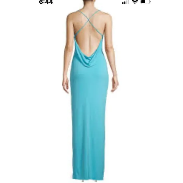 Blashe NWT Turquoise Halter Stretch Satin Crisscross Open Back Long Gown Medium - Image 11