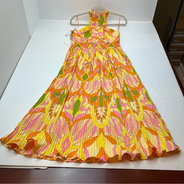 Milk & Honey Brightly Colored Geometric‎ Pattern Pleated Halter Dress Small NEW - Image 14